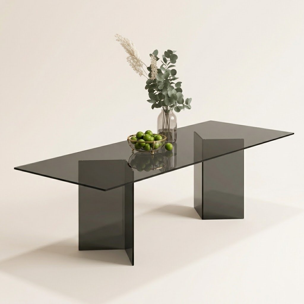 Table 3 Vitra smoked grey glass rectangular dining table with panel legs