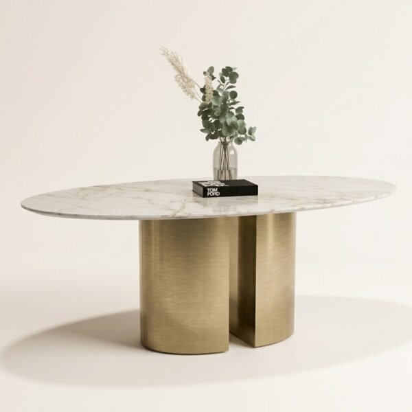 Odessa marble oval dining table, top-down view styled with dried branch centerpiece