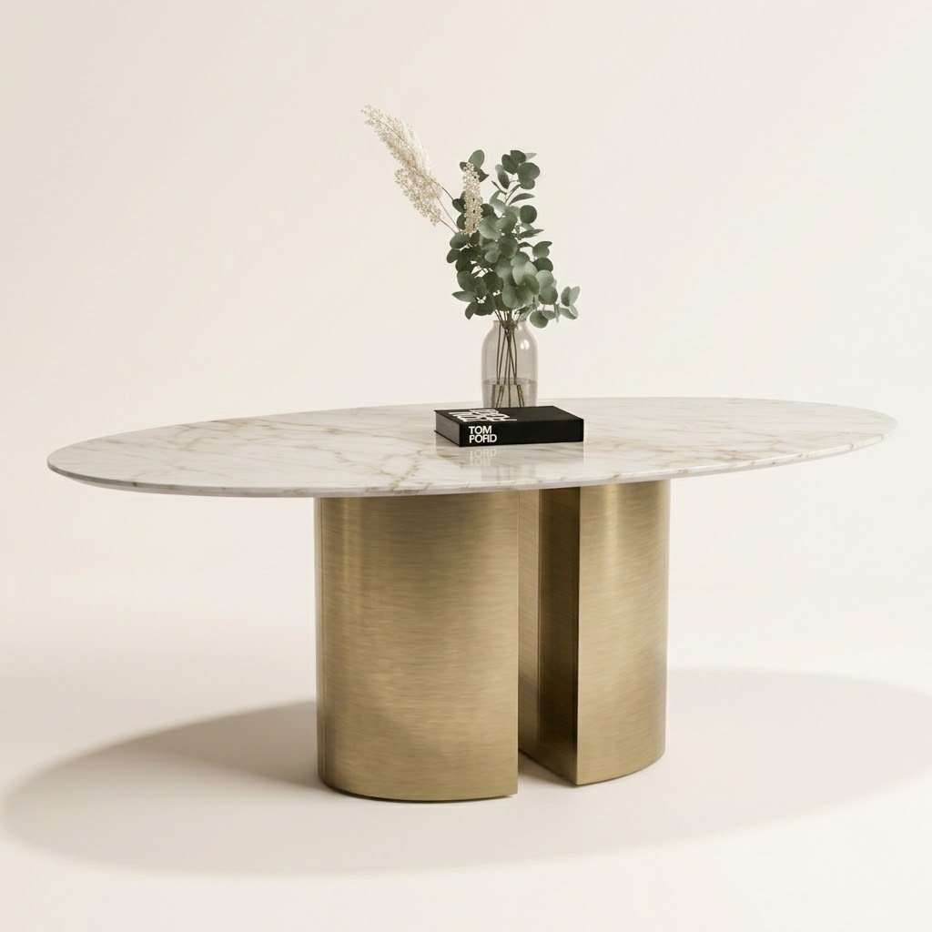 Table 5 Odessa marble oval dining table, top-down view styled with dried branch centerpiece