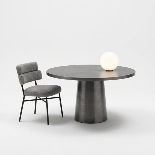 Orten round metal dining table with tapered pedestal base, front view