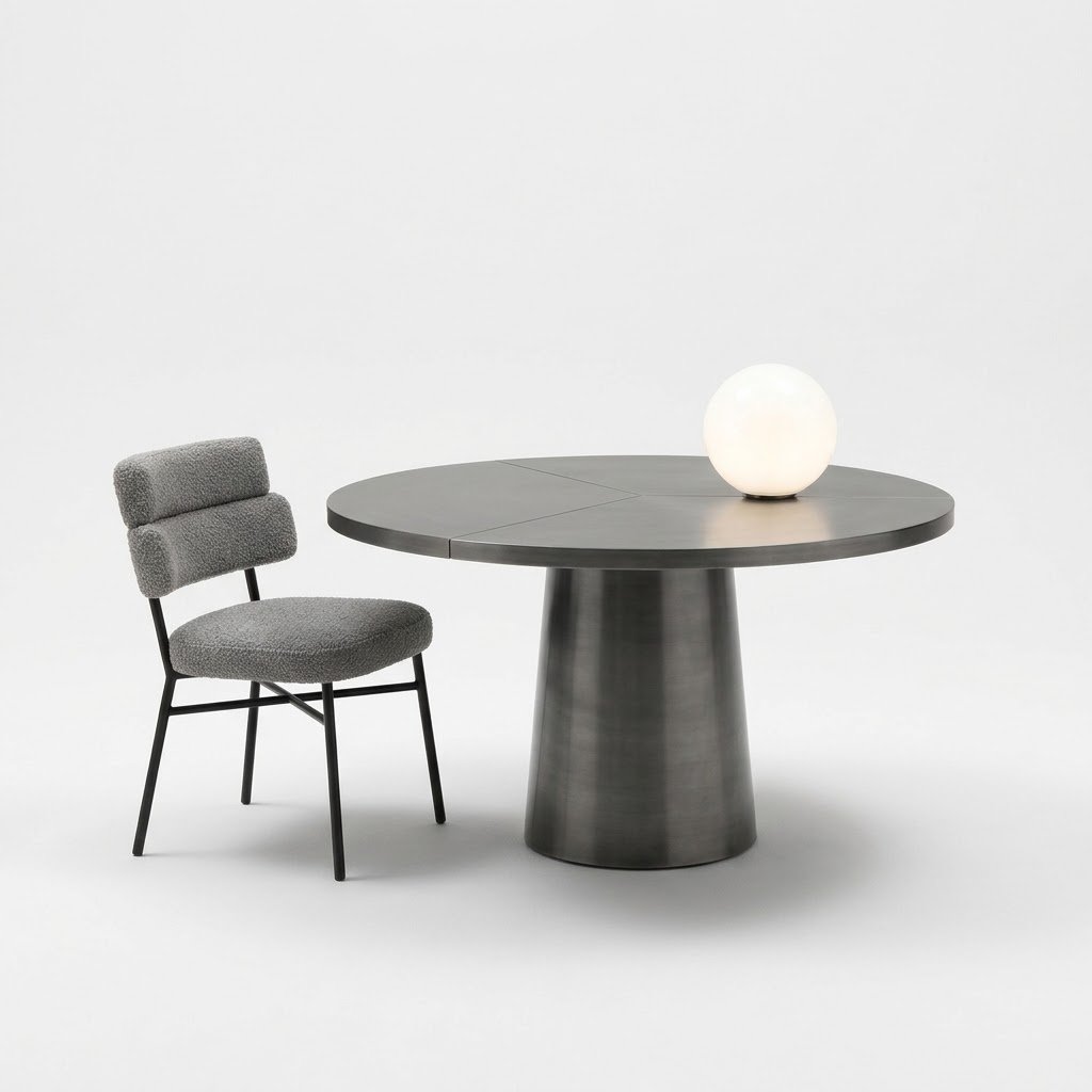 Table 7 Orten round metal dining table with tapered pedestal base, front view