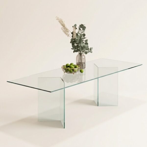 Vitra clear glass rectangular dining table with panel legs, styled with vase and fruit bowl