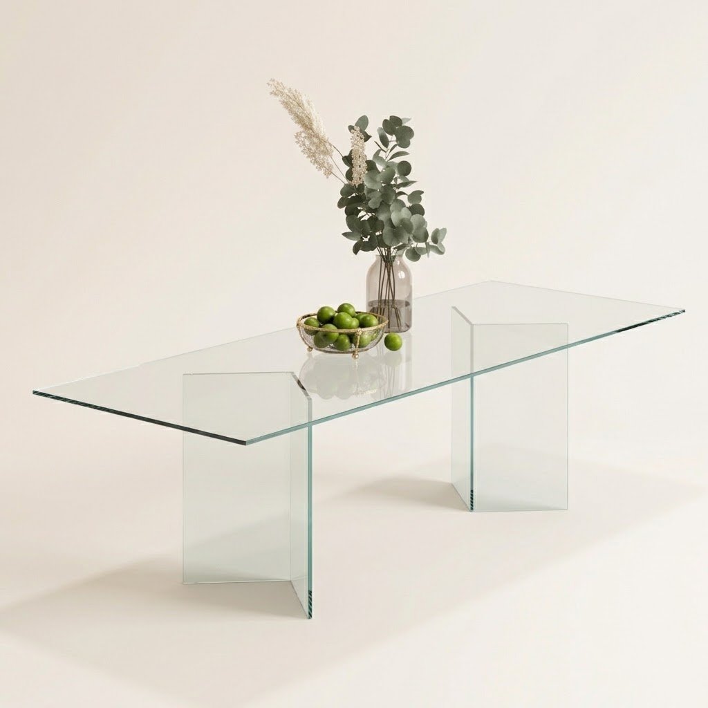 table 2 Vitra clear glass rectangular dining table with panel legs, styled with vase and fruit bowl