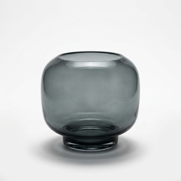 Pebble rounded glass barrel vase in smoked grey, front view