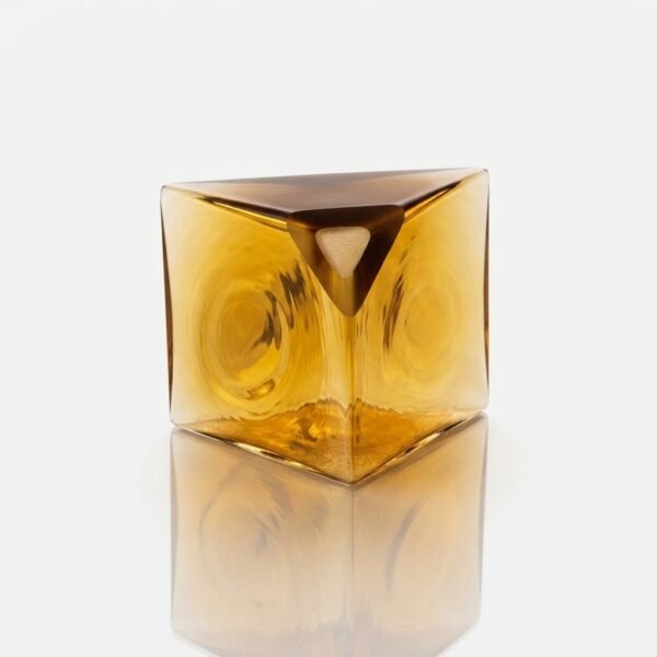 Faceta amber glass vase with sculptural branch, faceted geometric form