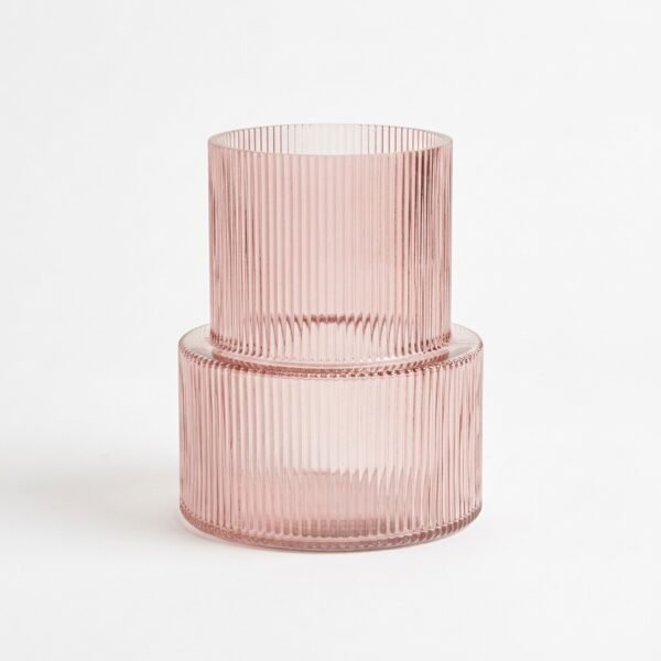 Coda ribbed glass tiered vase in pink, front view