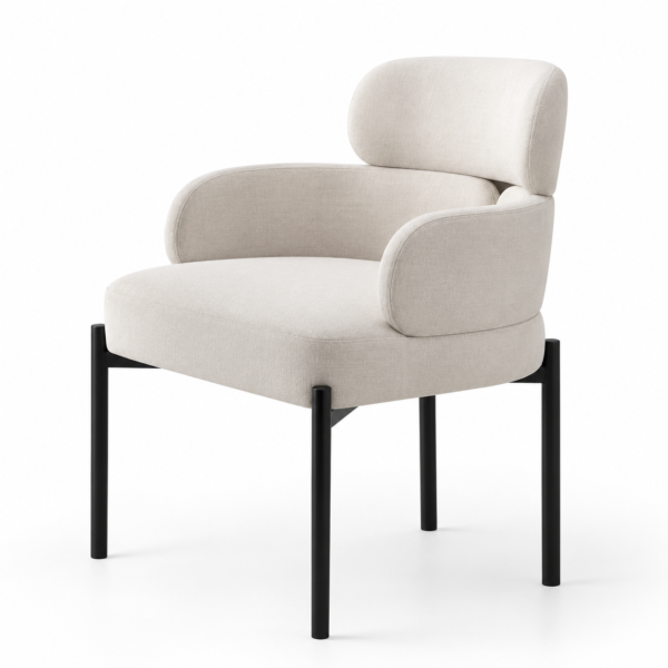 Alba cream upholstered dining chair with curved arms and black metal legs, three-quarter view