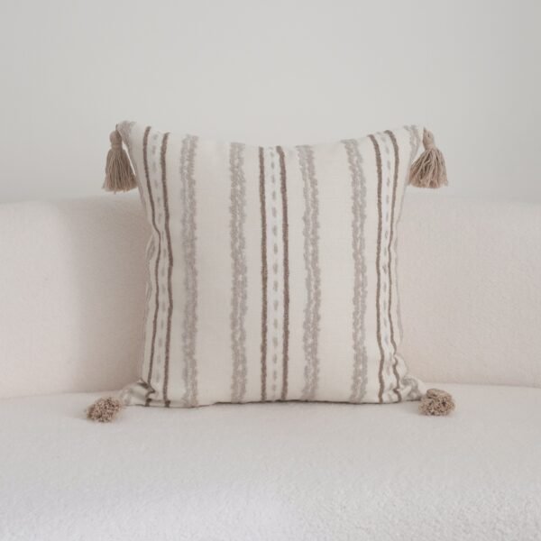 Close-up of soft tufted greige and taupe stripes on Linden cushion