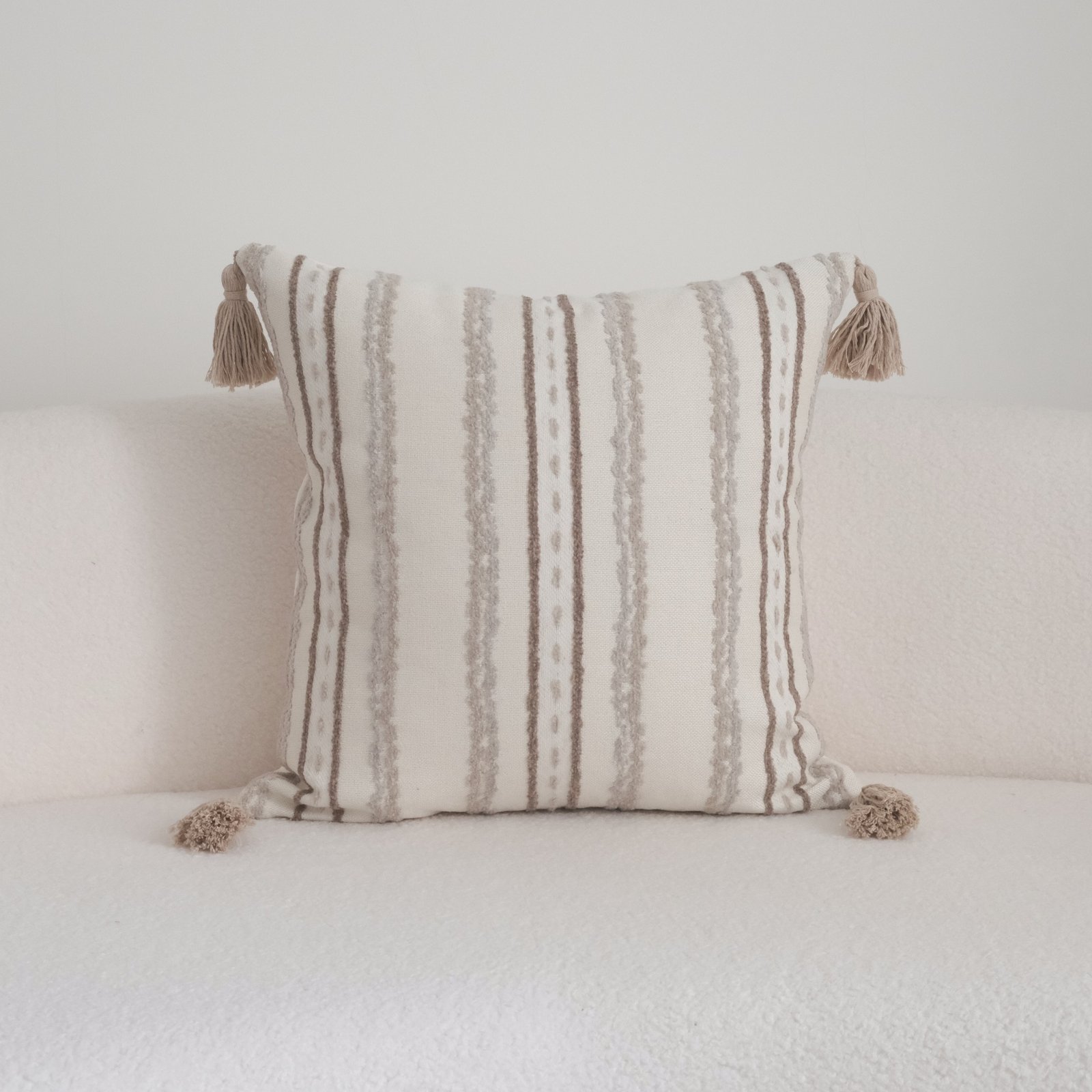 Pillow 16 Close-up of soft tufted greige and taupe stripes on Linden cushion