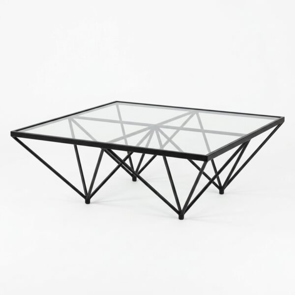 Vertex glass top coffee table with black geometric metal base, three-quarter view