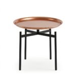 Ember copper tray side table with round copper-tone top and black metal legs