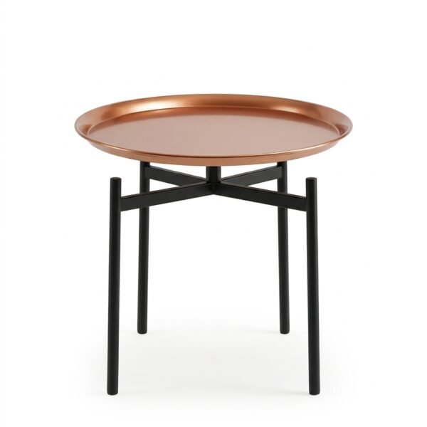 Ember copper tray side table with round copper-tone top and black metal legs