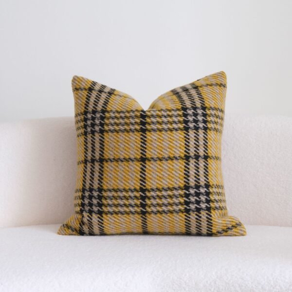 Harlow mustard plaid woven cushion on cream boucle sofa