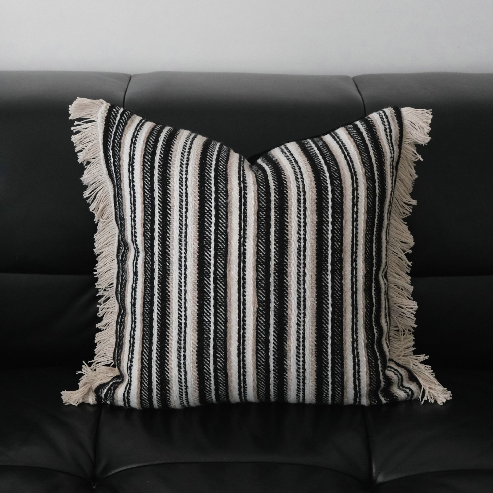 pillow Striped Fringe Cushion in Black and Cream | Sable - Image 1