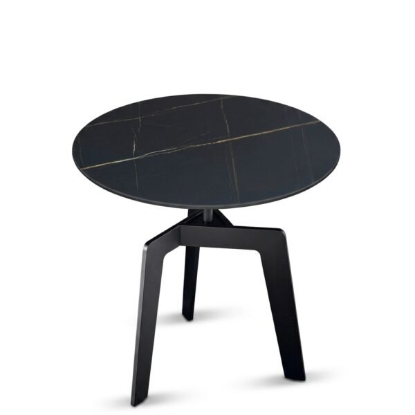 Nero black round side table with gold-veined marble-effect top and black metal tripod base